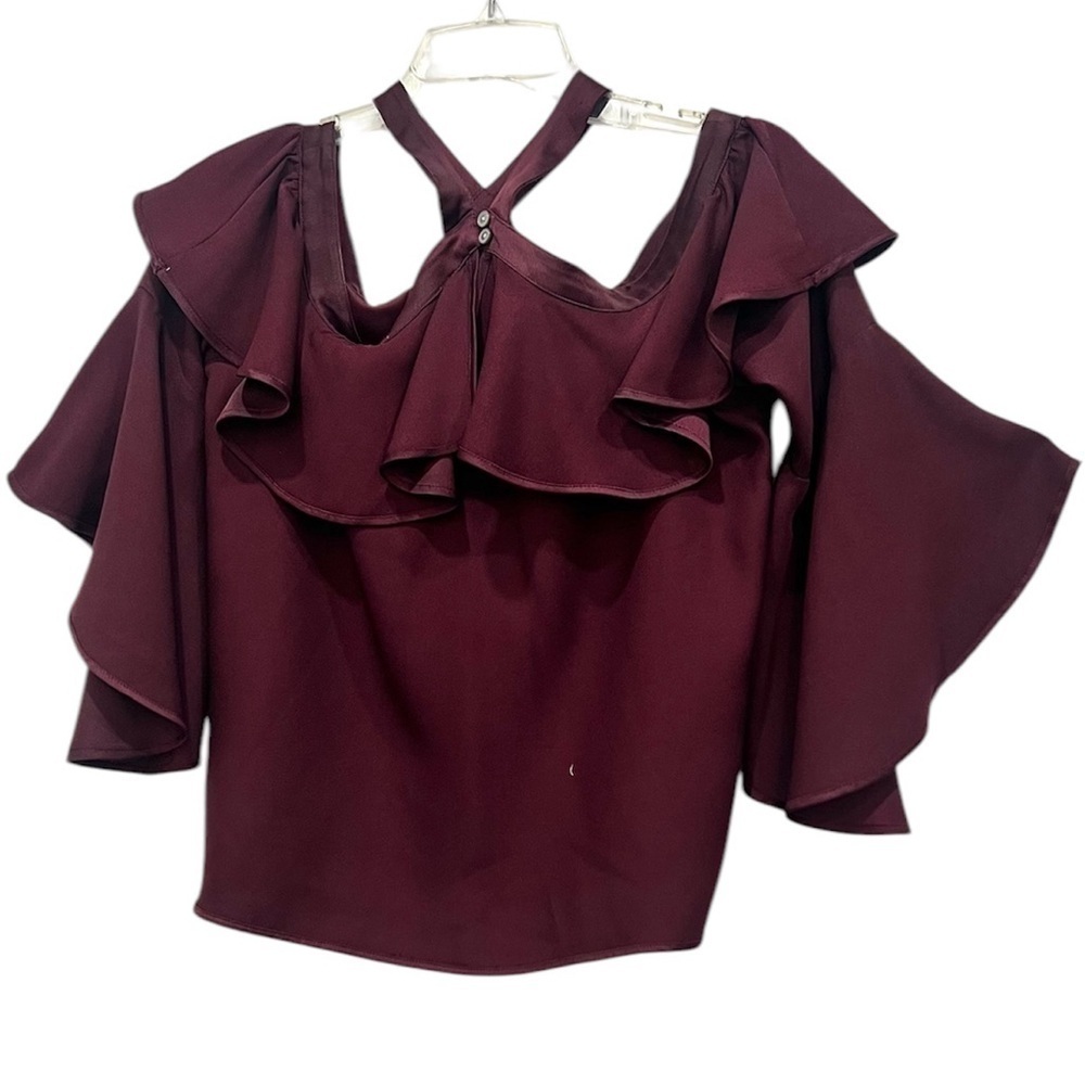 Loft burgundy ruffle bell sleeves top size S - Picture 4 of 10